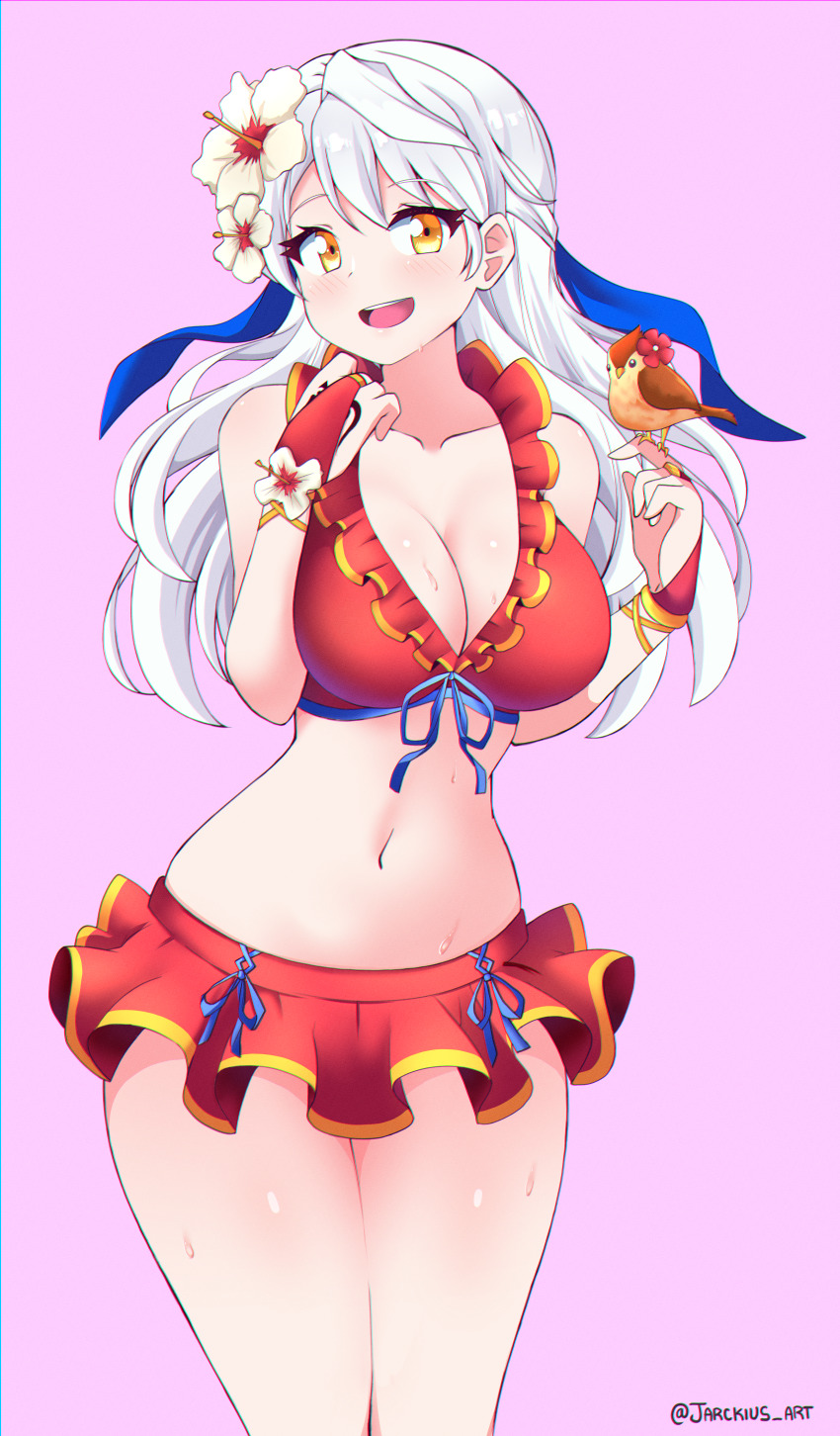 1girl, :d, absurdres, bikini, bikini_skirt, bird, bird_on_hand, birthmark