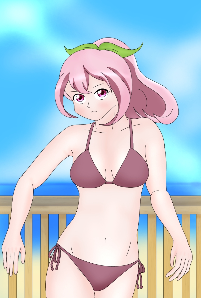 1girl, bikini, blue_sky, highres, horizon, okayama-tan, pink_hair, ponytail