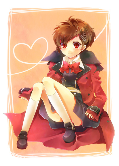 atlus, bad_id, bad_pixiv_id, blush, brown_hair, coat, kneehighs, oversized_clothes