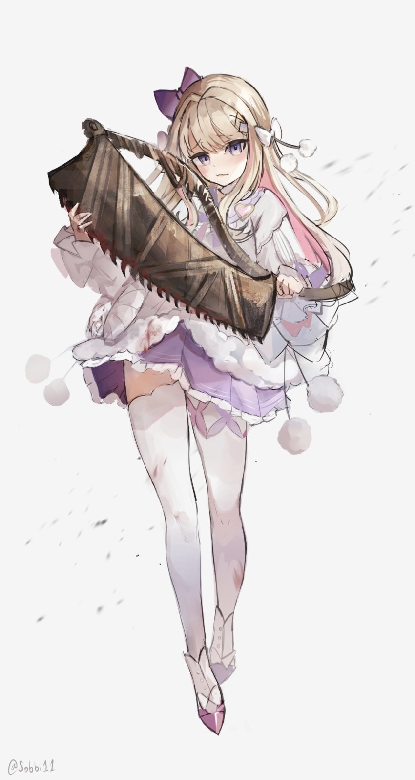 1girl, blonde_hair, bloodborne, blue_eyes, bow, coat, hair_bow, hair_intakes, hair_ornament, hair_ribbon, hairclip, highres, indie_virtual_youtuber, long_hair, pom_pom_(clothes), ribbon, saw, saw_cleaver, simple_background, skirt, sobbi11, solo, thighhighs, virtual_youtuber, watagashi_unou, white_background, zettai_ryouiki