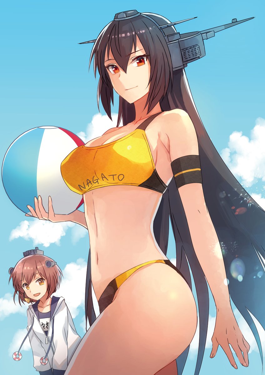 2girls, alternate_costume, ball, beach_volleyball, beachball, bikini, black_hair, black_one-piece_swimsuit, blue_sky, breasts, brown_eyes, brown_hair, character_name, closed_mouth, clothes_writing, cloud, cloudy_sky, collarbone, cowboy_shot, day, hair_between_eyes, headgear, highres, holding, holding_ball, jacket, kantai_collection, kasumi_(skchkko), large_breasts, long_hair, long_sleeves, looking_at_viewer, multiple_girls, nagato_(kancolle), name_tag, navel, official_alternate_costume, one-piece_swimsuit, open_mouth, red_eyes, sky, sports_bikini, sportswear, swimsuit, swimsuit_under_clothes, volleyball, white_jacket, yukikaze_(kancolle), yukikaze_(swimsuit)_(kancolle)