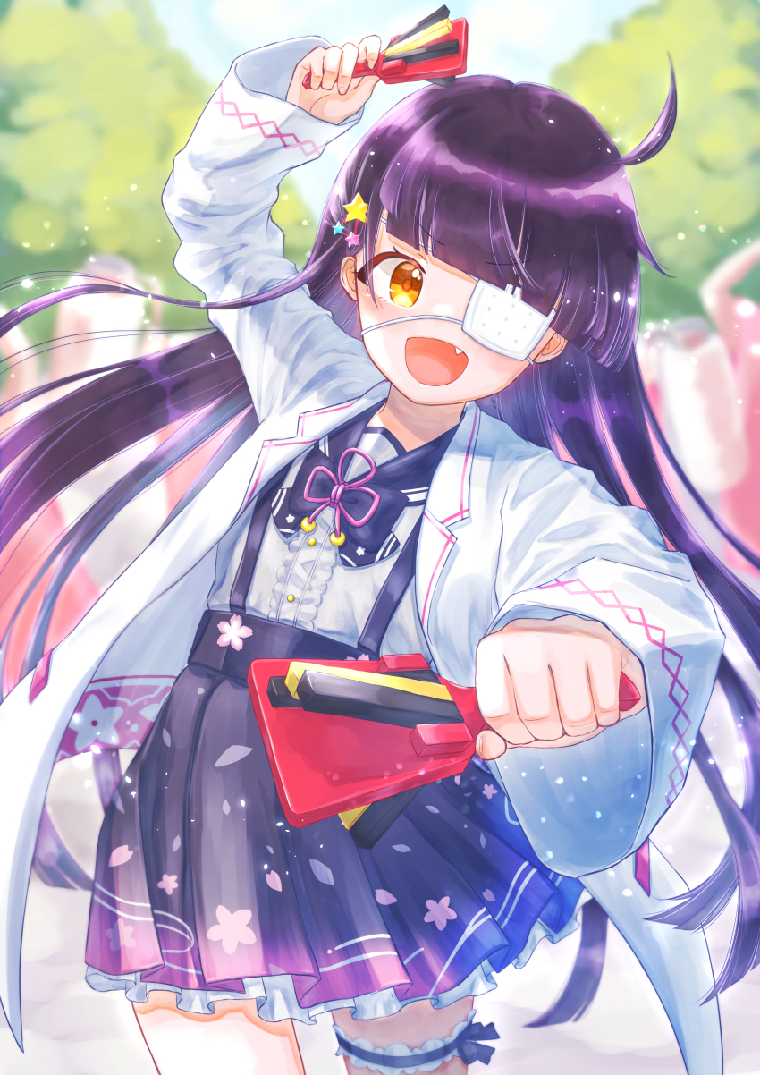 1girl, :d, absurdres, arm_up, black_bow, black_skirt, bow, brown_eyes, day, eyepatch, fang, hair_ornament, highres, long_sleeves, looking_at_viewer, naruko_(instrument), onsen_musume, open_mouth, outdoors, purple_hair, rashi_(qwer0987), skirt, smile, standing, star_(symbol), star_hair_ornament, suspenders, thigh_strap, wide_sleeves
