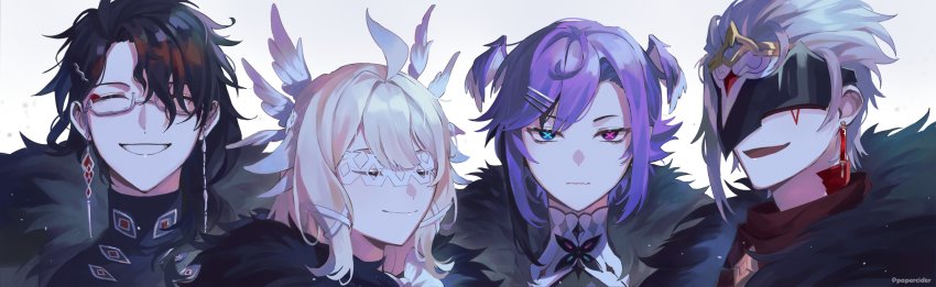 2boys, 2girls, absurdres, ahoge, arlecchino_(genshin_impact), arlecchino_(genshin_impact)_(cosplay), bird_girl, black_fur