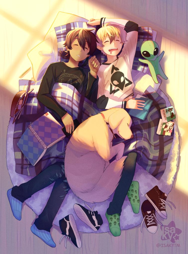 2boys, ahoge, artist_name, black_hair, blanket, blonde_hair, blue_socks, book