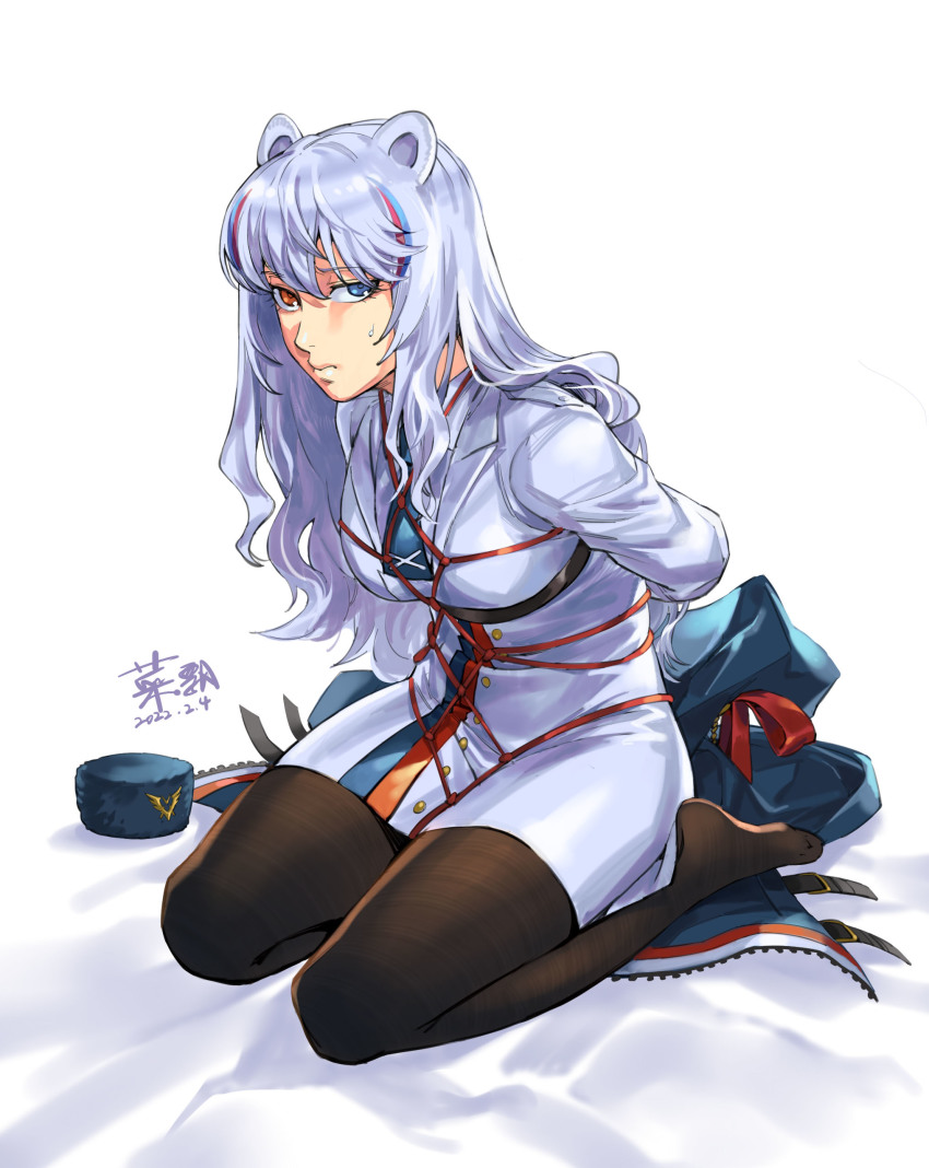 1girl, absurdres, animal_ears, arknights, arms_behind_back, bdsm, bear_ears, black_pantyhose