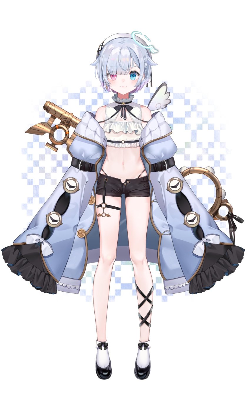amemiya_nazuna, amemiya_nazuna_(1st_costume), angel, angel_wings, beret, black_panties, black_shorts, blue_coat, blue_eyes, braid, breasts, cleavage_cutout, clothing_cutout, coat, earrings, frilled_coat, frills, full_body, halo, halterneck, hat, heterochromia, highleg, highleg_panties, highres, key, key_earrings, leg_ribbon, long_sleeves, looking_at_viewer, nana_kagura, navel, official_art, open_fly, oversized_object, panties, panty_straps, pink_eyes, ribbon, short_hair, short_shorts, shorts, single_wing, sleeves_past_fingers, sleeves_past_wrists, small_breasts, standing, stitches, thigh_strap, underwear, virtual_youtuber, vshojo, white_hat, wings