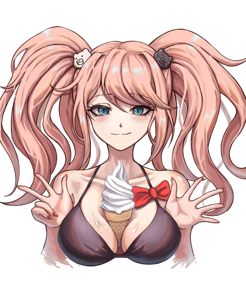 1girl, :3, absurdres, alternate_costume, bare_shoulders, bear_hair_ornament, bikini, black_bikini, blush, bow, breasts, collarbone, cropped_torso, danganronpa:_trigger_happy_havoc, danganronpa_(series), enoshima_junko, food, green_eyes, grey_background, hair_ornament, hands_up, highres, ice_cream, large_breasts, long_hair, nail_polish, petra_(jgc845601), phallic_symbol, red_bow, red_nails, simple_background, smile, solo, suggestive_fluid, swimsuit, twintails, w