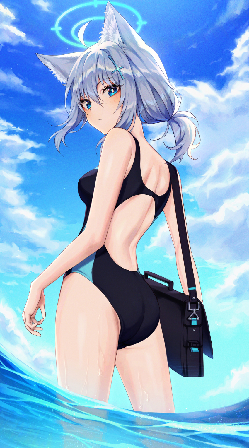 1girl, :/, absurdres, animal_ear_fluff, animal_ears, ass, back, backless_swimsuit, bag, bare_arms, blue_archive, blue_eyes, blue_sky, blush, breasts, cat_ears, cloud, cloudy_sky, competition_swimsuit, cowboy_shot, cross_hair_ornament, day, grey_hair, hair_ornament, halo, highres, kes_0210, looking_at_viewer, looking_back, median_furrow, medium_breasts, medium_hair, mismatched_pupils, multicolored_hair, one-piece_swimsuit, outdoors, partially_submerged, partially_underwater_shot, ponytail, shiroko_(blue_archive), shiroko_(swimsuit)_(blue_archive), shoulder_bag, sidelocks, sky, solo, standing, swimsuit, two-tone_hair, underwater, wading, water