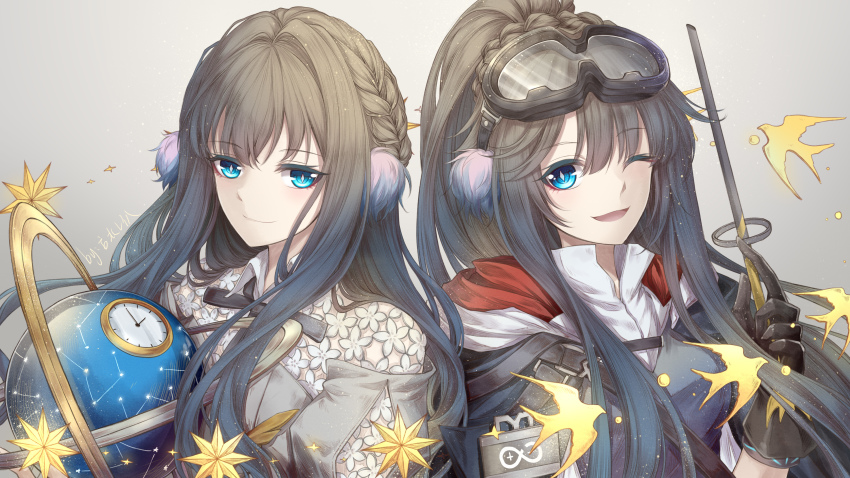 2girls, ;d, absurdres, animal_ear_fluff, arknights, artist_name, astesia_(arknights), astgenne_(arknights)