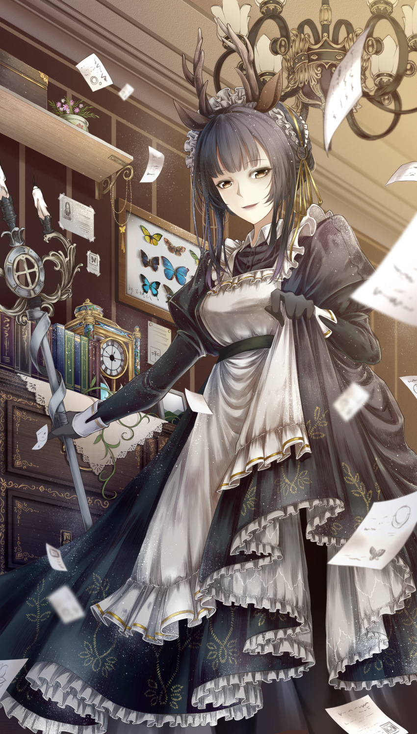 1girl, absurdres, animal_ears, antlers, apron, arknights, black_butterfly, black_dress