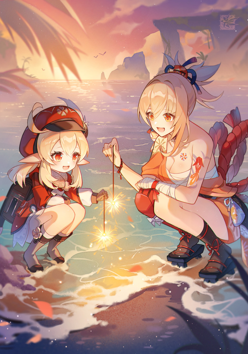 2girls, :d, absurdres, ahoge, arm_tattoo, autumnlll, backpack, bag