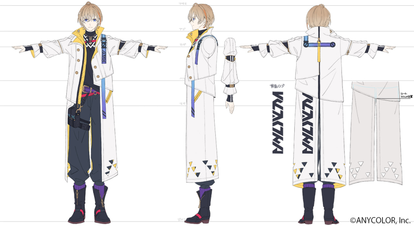 1boy, belt, black_footwear, black_pants, black_shirt, blue_eyes, brown_hair, reference_sheet