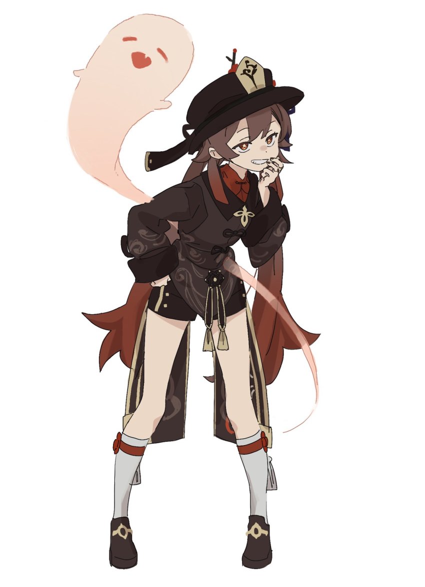1girl, black_headwear, black_shorts, brown_footwear, brown_hair, commentary_request, flower-shaped_pupils, full_body, genshin_impact, ghost, hand_on_own_hip, hat, highres, hu_tao_(genshin_impact), if959u, kneehighs, long_hair, red_eyes, red_shirt, shirt, shoes, shorts, simple_background, smile, socks, standing, symbol-shaped_pupils, teeth, twintails, white_background, white_socks