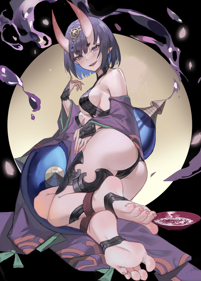 1girl, absurdres, alcohol, artistic_error, ass, bare_shoulders, bob_cut, breasts, collarbone, cup, duzizai, eyeliner, fate/grand_order, fate_(series), feet, gourd, headpiece, highres, horns, japanese_clothes, kimono, long_sleeves, looking_at_viewer, makeup, medium_breasts, oni, open_mouth, pointy_ears, purple_eyes, purple_hair, purple_kimono, revealing_clothes, sakazuki, sake, short_hair, shuten_douji_(fate), skin-covered_horns, smile, soles, solo, toes, wide_sleeves, wrong_foot