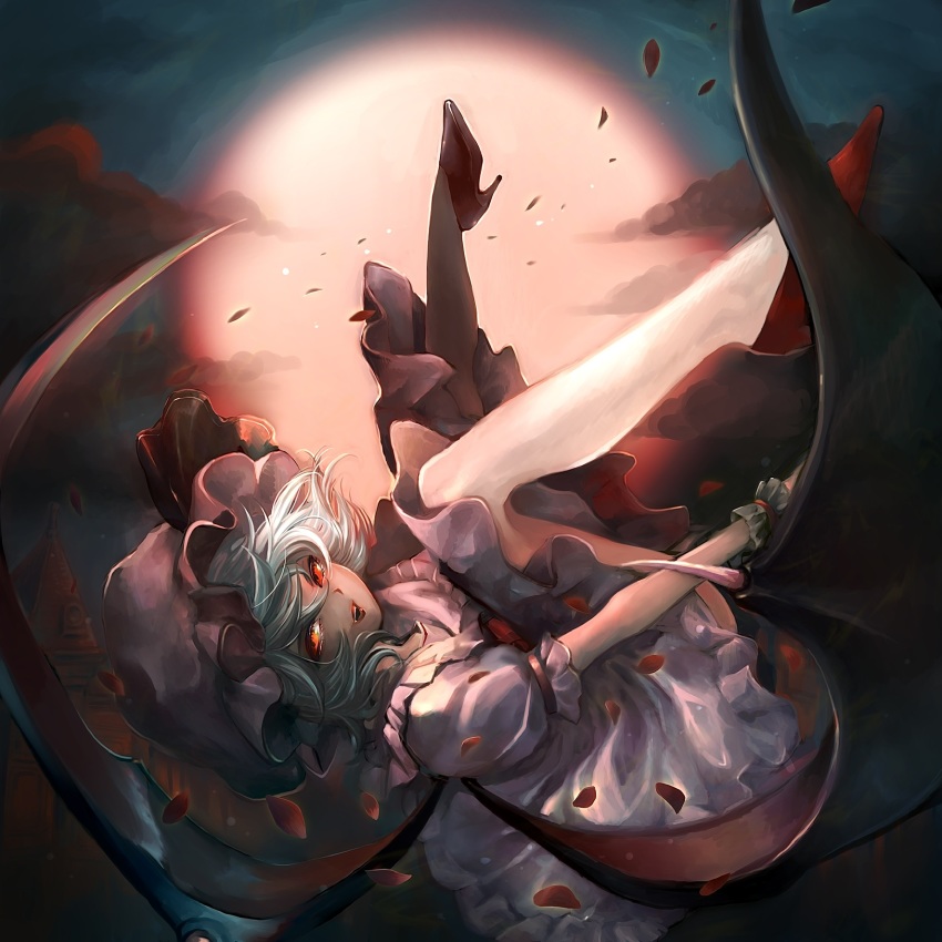 1girl, bat_wings, blue_hair, building, cloud, collared_shirt, commentary, falling_petals, fangs, frilled_shirt_collar, frilled_sleeves, frills, full_body, full_moon, hat, hat_ribbon, high_heels, highres, konnyakutarooou, lips, looking_at_viewer, mob_cap, moon, night, open_mouth, petals, pink_hat, pink_shirt, pink_skirt, puffy_short_sleeves, puffy_sleeves, red_eyes, red_footwear, red_moon, red_ribbon, remilia_scarlet, ribbon, shirt, short_hair, short_sleeves, skirt, skirt_set, sky, smile, solo, teeth, touhou, tsurime, upper_teeth_only, wings, wrist_cuffs