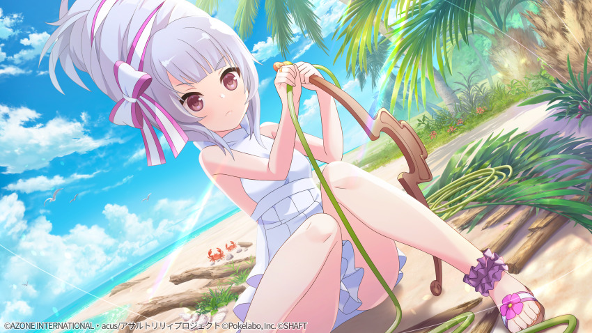 1girl, animal, ankle_scrunchie, artist_request, assault_lily, bare_arms, bare_legs, bare_shoulders