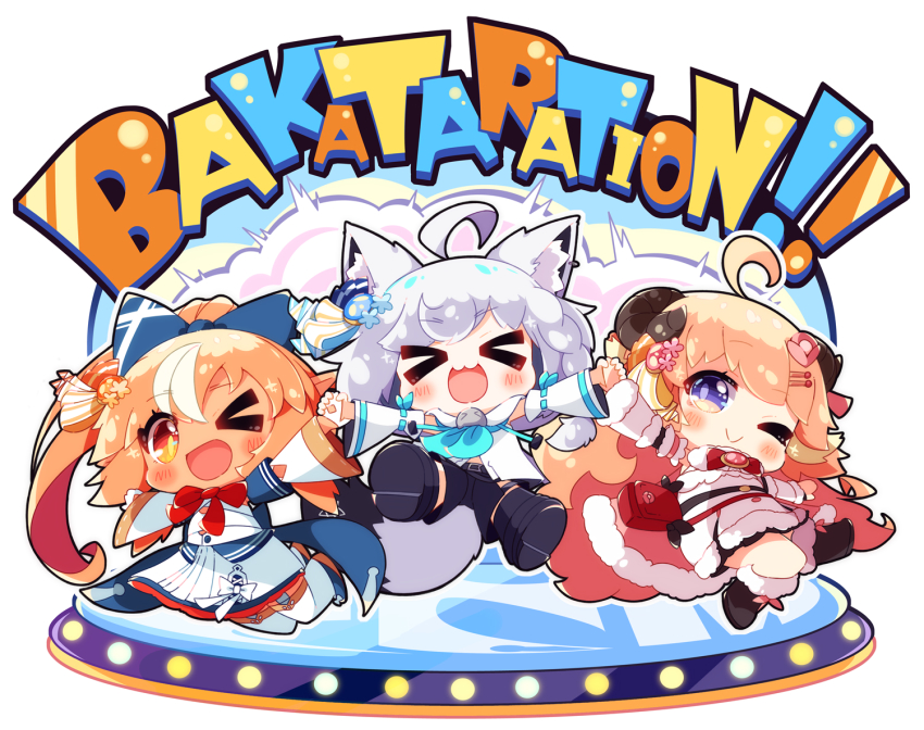 >_<, 3girls, :d, ;), ;d, ahoge, animal_ear_fluff, animal_ears