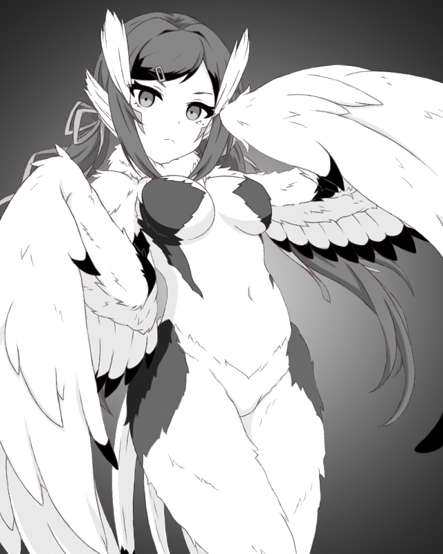 1girl, bird_legs, bird_tail, breasts, character_request, commentary_request, copyright_request, feathered_wings