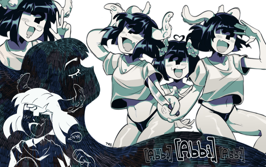 1girl, ?, abbi_(omori), absurdres, black_panties, blush, collarbone, colored_skin, crop_top, faceless, faceless_female, fang, highres, holding, holding_knife, humanization, knife, navel, omori, open_mouth, panties, remi_(mozzaremi), shirt, short_sleeves, skin_fang, smile, spoilers, tentacles, underwear, v, white_shirt, white_skin