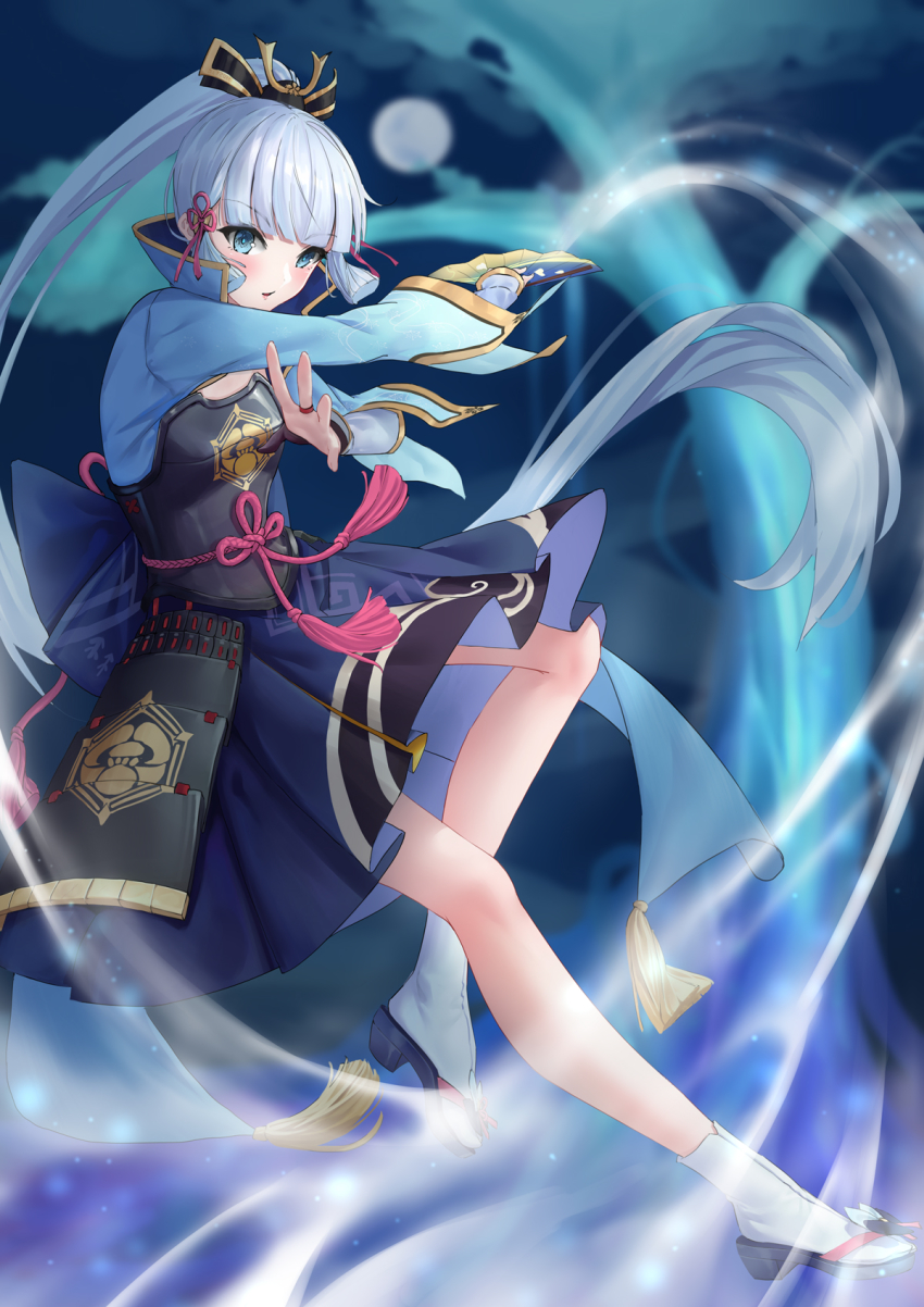 1girl, arm_guards, armor, ayaka_(genshin_impact), blue_eyes, blunt_bangs, blurry, bly-yuan