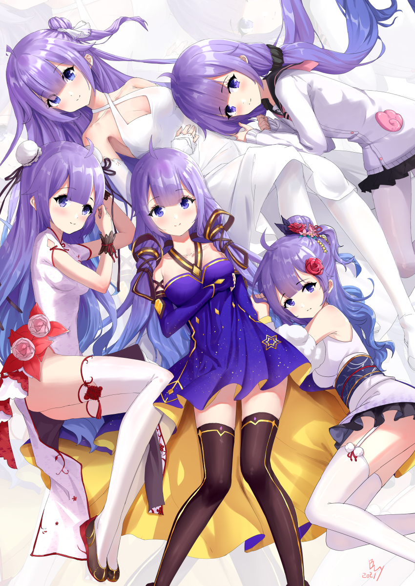 5girls, absurdres, arm_under_breasts, azur_lane, bed_sheet, blunt_bangs, bly-yuan, breasts