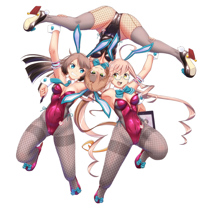 3girls, adapted_costume, ahoge, akigumo_(kancolle), akigumo_kai_ni_(kancolle), animal_ears, aqua_eyes, black_hair