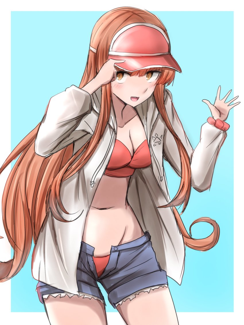 1girl, absurdres, bikini, bikini_under_clothes, blue_shorts, blunt_bangs, brown_hair, cutoffs