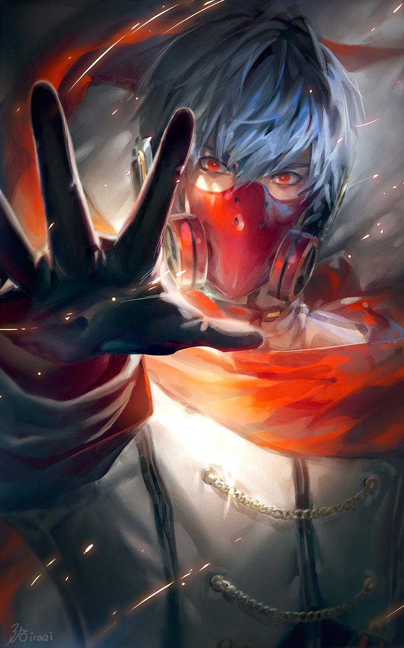 1boy, blue_hair, cape, collar, foreshortening, gas_mask, kaito_(general)_(vocaloid), gloves