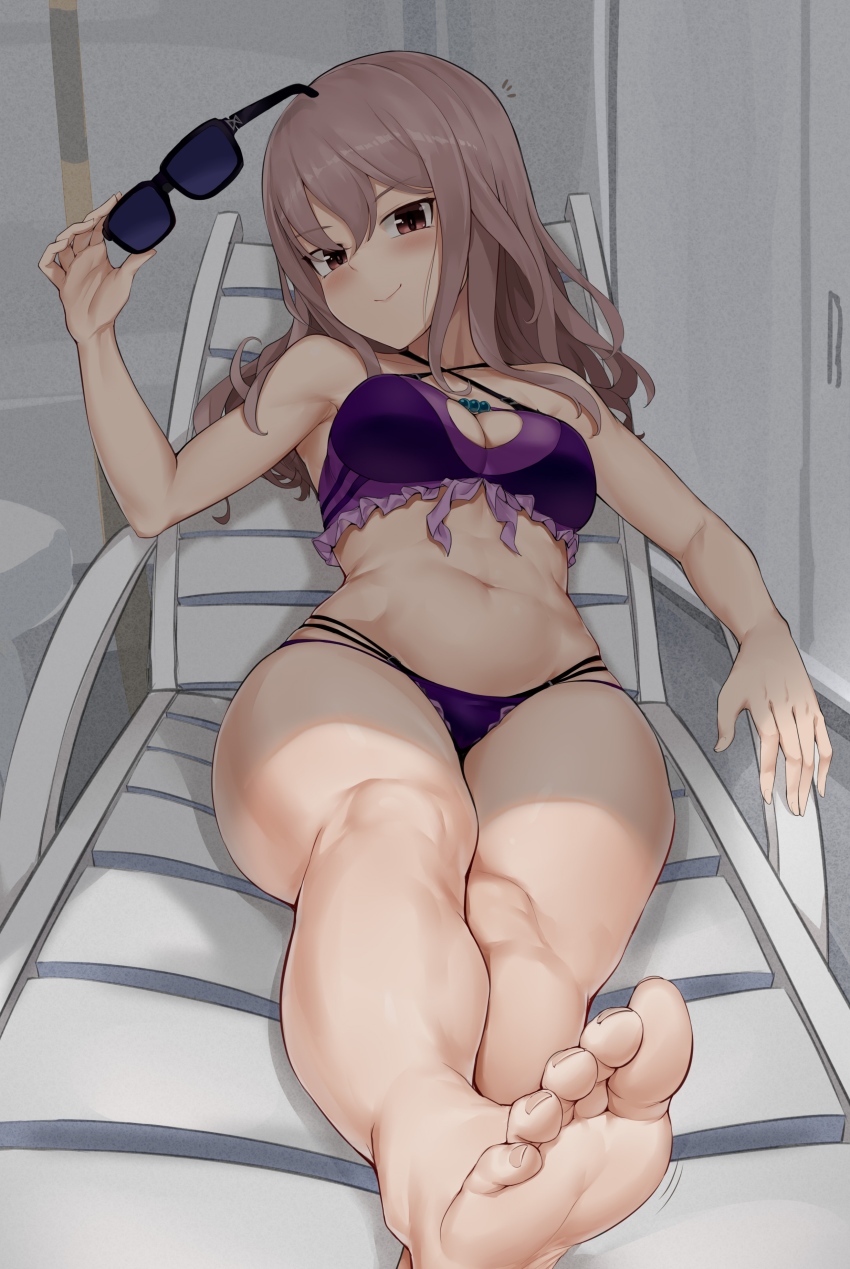 1girl, absurdres, alice_gear_aegis, aomoro, bare_legs, barefoot, beach_chair, bikini, blush, breasts, brown_eyes, brown_hair, cleavage, closed_mouth, criss-cross_halter, unworn_eyewear, feet, foreshortening, frilled_bikini, frills, hair_between_eyes, halterneck, highres, holding, holding_removed_eyewear, long_hair, looking_at_viewer, lying, medium_breasts, navel, on_back, purple_bikini, smile, soles, solo, stomach, sunglasses, swimsuit, toes, yotsuya_yumi