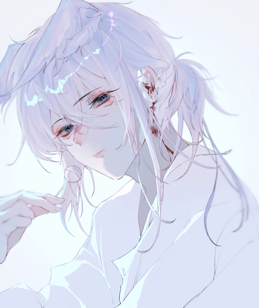 1boy, absurdres, androgynous, bai_xiao, bishounen, blood, blue_eyes, blurry