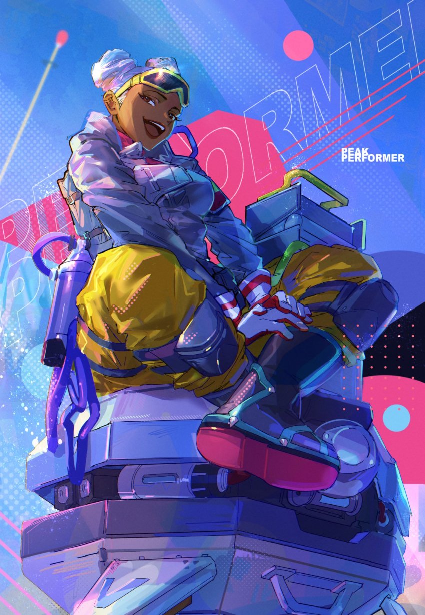 1girl, animification, apex_legends, black_boots, boots, breasts, brown_eyes, crossed_legs, d.o.c._health_drone, dark-skinned_female, dark_skin, double_bun, gloves, grey_jacket, hair_behind_ear, hair_bun, highres, jacket, lifeline_(apex_legends), looking_to_the_side, medium_breasts, non-humanoid_robot, official_alternate_costume, peak_performer_lifeline, robot, sitting, smile, solo, thundergotch, white_gloves, white_hair