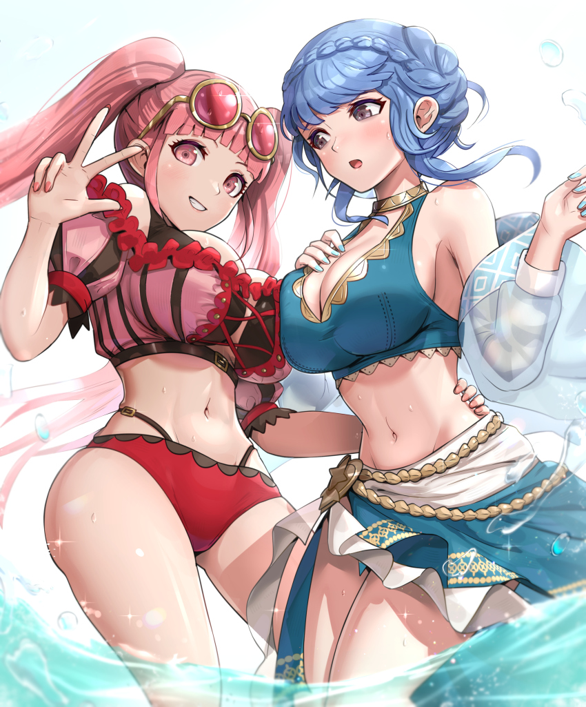 2girls, absurdres, alternate_costume, asymmetrical_docking, bikini, black_bikini, blue_bikini, blue_hair