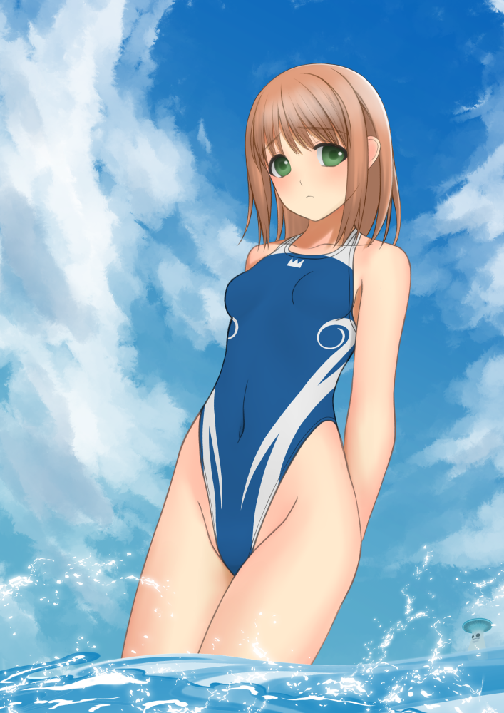1girl, arms_behind_back, bad_id, bad_pixiv_id, blue_one-piece_swimsuit, blue_sky, breasts, brown_hair, cloud, commentary_request, competition_swimsuit, green_eyes, highleg, highleg_one-piece_swimsuit, itsuki_(rocketride), looking_at_viewer, master_of_epic, one-piece_swimsuit, short_hair, sky, small_breasts, soaking_feet, solo, swimsuit, water