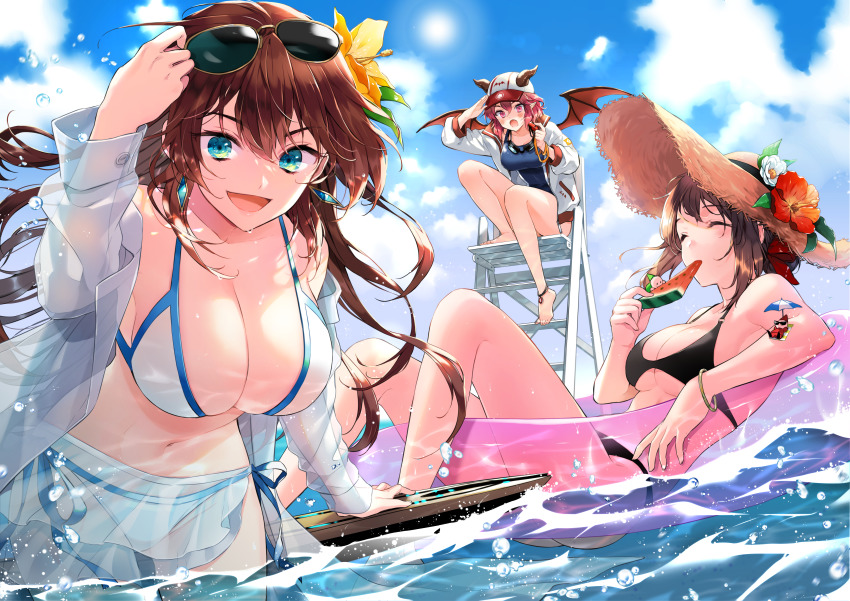 3girls, absurdres, bikini, black_bikini, blue_sky, breasts, brown_hair, cleavage