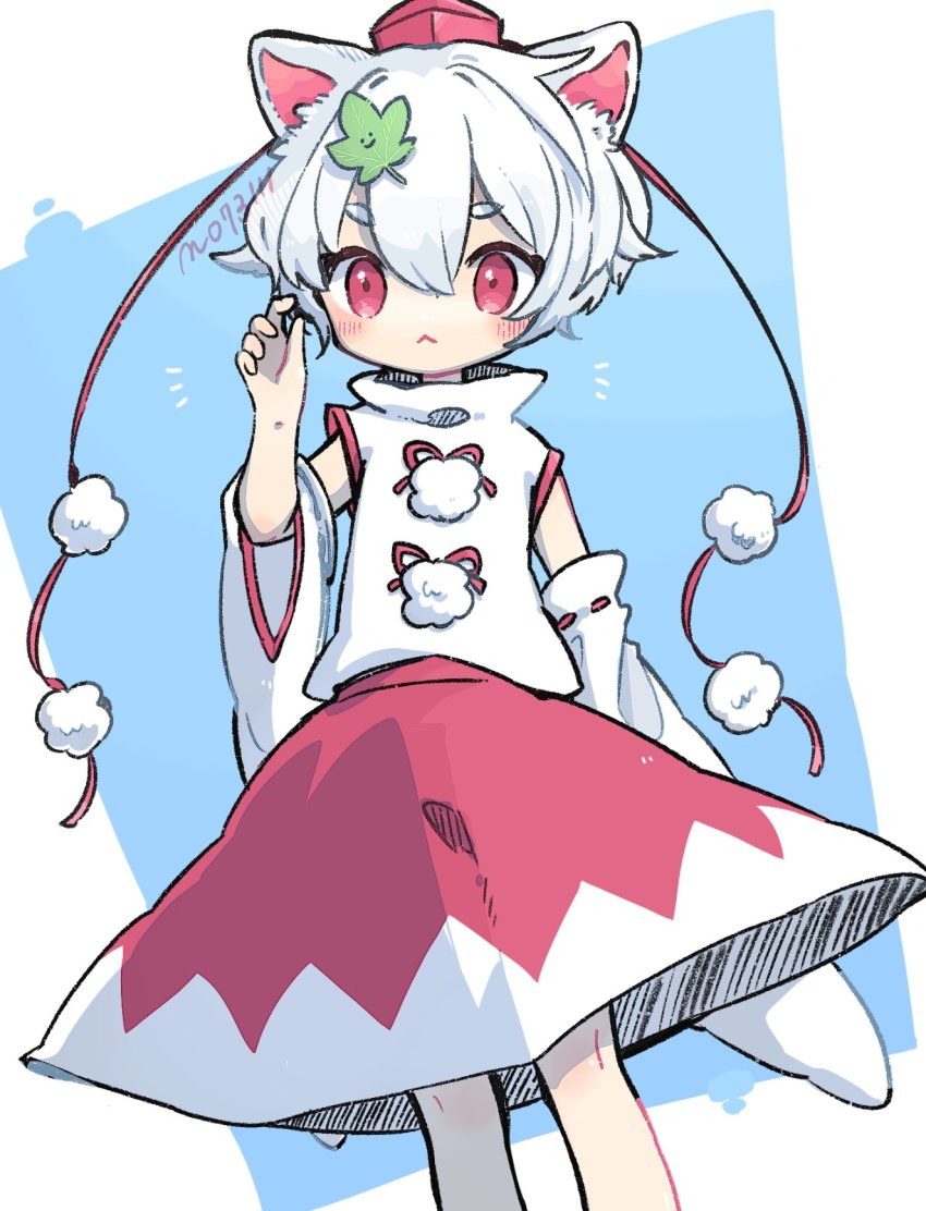 1girl, :<, animal_ears, artist_name, bare_shoulders, blue_background, closed_mouth, detached_sleeves