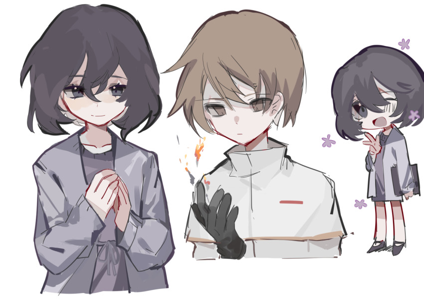 1boy, 1girl, ;d, black_gloves, black_hair, brown_eyes, capelet, cardigan, chibi, chinese_commentary, closed_mouth, commentary_request, dress, gloves, grey_eyes, hair_between_eyes, hand_up, high_heels, jabuchi_you, light_brown_hair, long_sleeves, mintcrpt, one_eye_closed, open_cardigan, open_clothes, open_mouth, purple_cardigan, purple_dress, saibou_shinkyoku, shirt, short_hair, simple_background, smile, sweater, sweater_dress, white_capelet, white_shirt, yanagi_nina