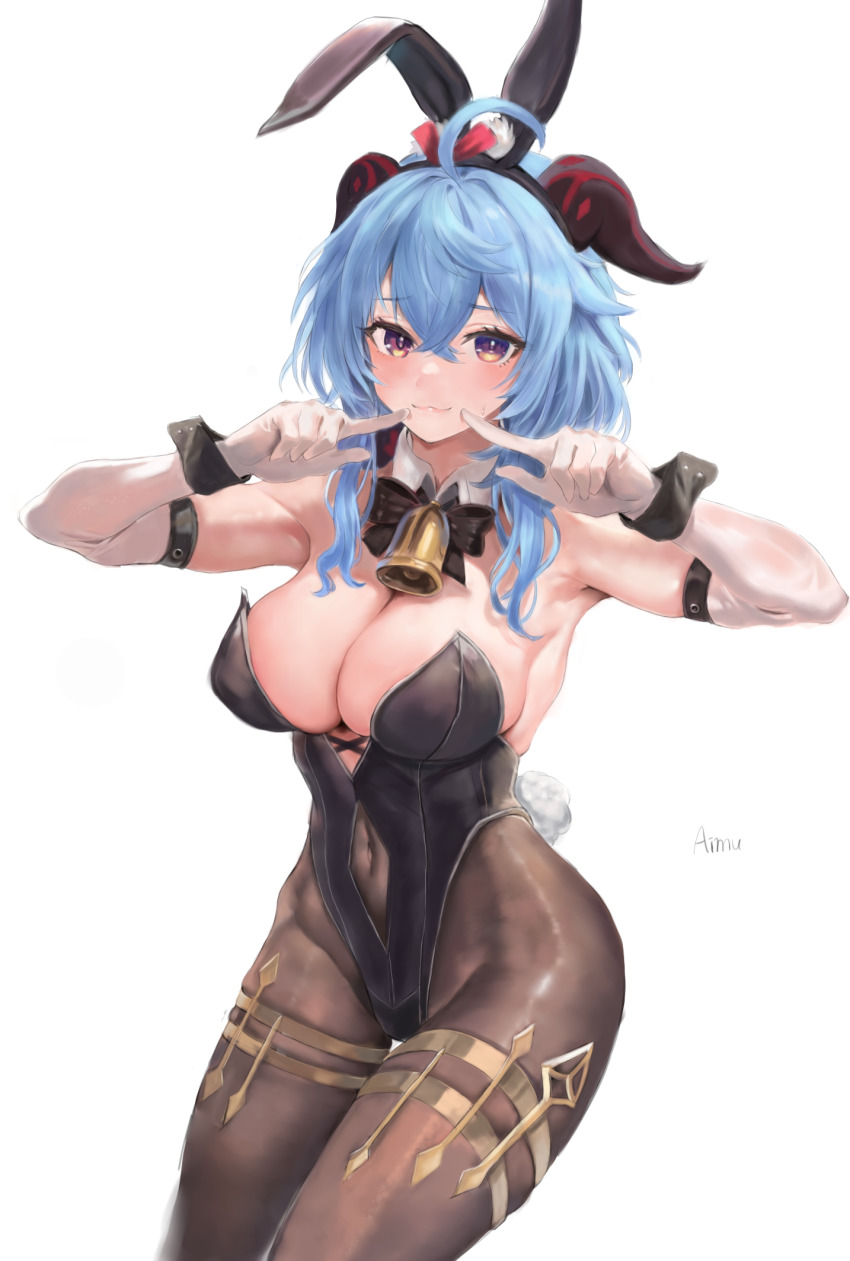 1girl, ahoge, aimu_(angry9565), alternate_costume, animal_ears, armpits, arms_up, artist_name, bare_shoulders, bell, black_bow, black_bowtie, black_leotard, blue_hair, blush, bow, bowtie, breasts, brown_pantyhose, cleavage, collar, covered_navel, crossed_bangs, detached_collar, elbow_gloves, fake_animal_ears, fake_tail, fingers_to_cheeks, ganyu_(genshin_impact), genshin_impact, gloves, goat_horns, hair_between_eyes, highleg, highleg_leotard, highres, horns, large_breasts, leotard, lips, long_hair, neck_bell, pantyhose, playboy_bunny, rabbit_ears, rabbit_tail, simple_background, smile, solo, strapless, strapless_leotard, tail, white_background, white_collar, wrist_cuffs