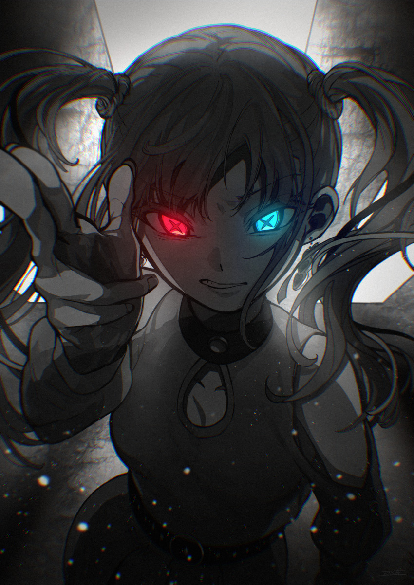 1girl, absurdres, aiming, aiming_at_viewer, bare_shoulders, belt, blue_eyes, breasts