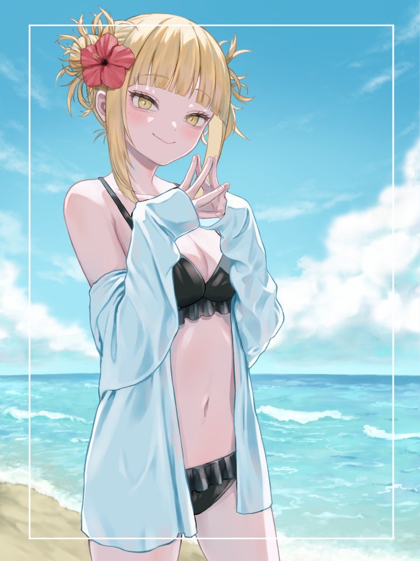 1girl, bare_shoulders, beach, belly, bikini, black_bikini, blonde_hair, blue_sky, blush, boku_no_hero_academia, breasts, cleavage, collarbone, double_bun, flower, hair_bun, hair_flower, hair_ornament, highres, jacket, jacket_partially_removed, kiina_(mrnsor), looking_at_viewer, messy_hair, navel, ocean, ribs, sky, slit_pupils, small_breasts, smile, solo, stomach, sunlight, swimsuit, toga_himiko, yellow_eyes
