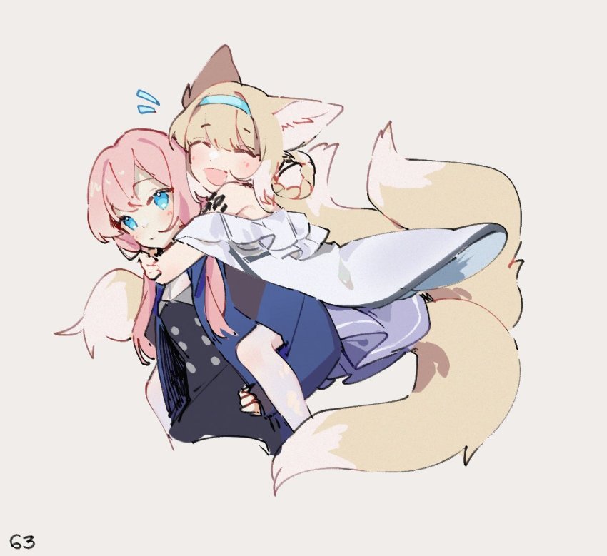 2girls, animal_ear_fluff, animal_ears, aqua_hairband, arknights, blue_eyes, blue_jacket, blue_poison_(arknights)