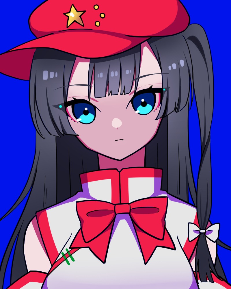 1girl, bare_shoulders, black_hair, blue_background, blue_eyes, blunt_bangs, bow, bowtie