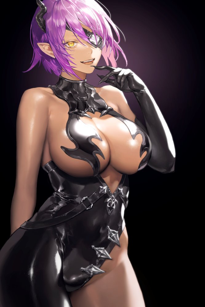 1girl, arm_behind_back, armpit_crease, bare_shoulders, black_gloves, black_horns, breasts, collarbone, covered_navel, dark-skinned_female, dark_skin, demon_girl, demon_horns, elbow_gloves, eyepatch, fingernails, gloves, horns, large_breasts, long_fingernails, looking_at_viewer, ohayosayonara, open_mouth, pointy_ears, purple_hair, sharp_fingernails, short_hair, single_elbow_glove, slit_pupils, solo, teeth, tongue, under_the_witch, upper_teeth_only, very_long_fingernails, xen_(under_the_witch), yellow_eyes