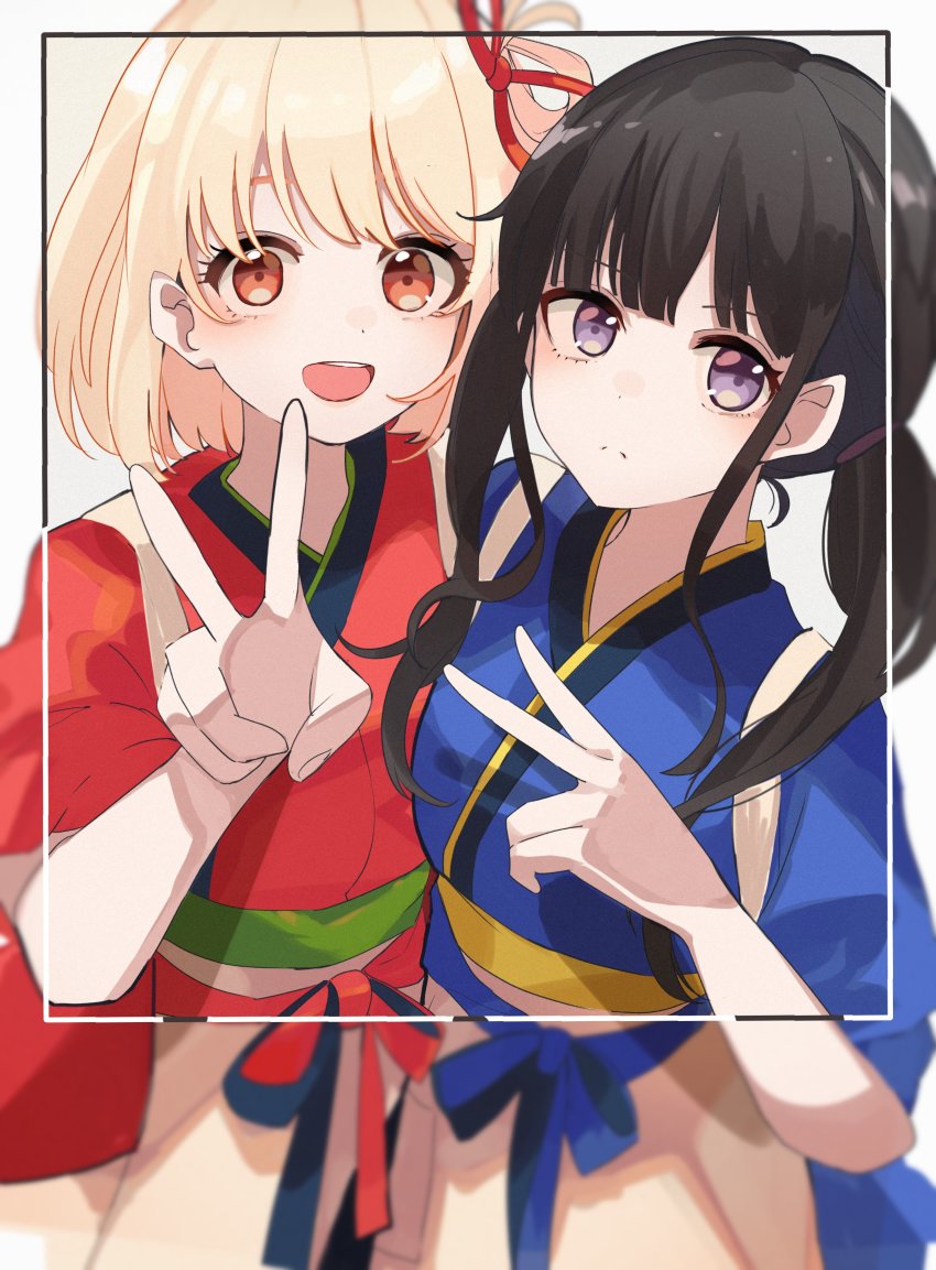 2girls, :d, absurdres, black_hair, blonde_hair, blue_kimono, hair_ribbon, highres
