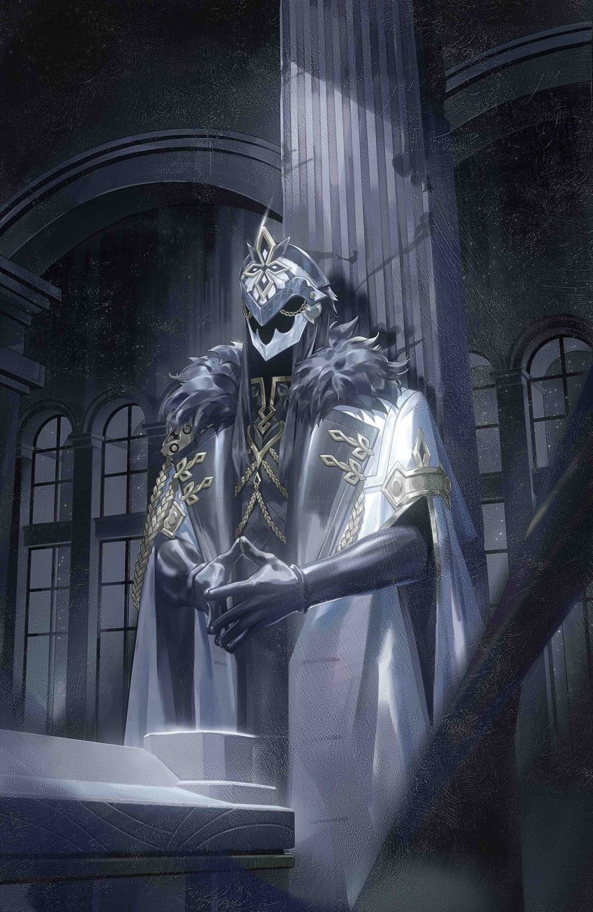 1boy, aiguillette, black_hair, capitano_(genshin_impact), chain, coat, coffin, cowboy_shot, faceless, fatui_coat, fur-trimmed_coat, fur_trim, genshin_impact, gjd12751, hat, helmet, highres, indoors, light, long_hair, male_focus, mask, mask_on_head, own_hands_together, peaked_cap, pillar, solo, white_coat, window