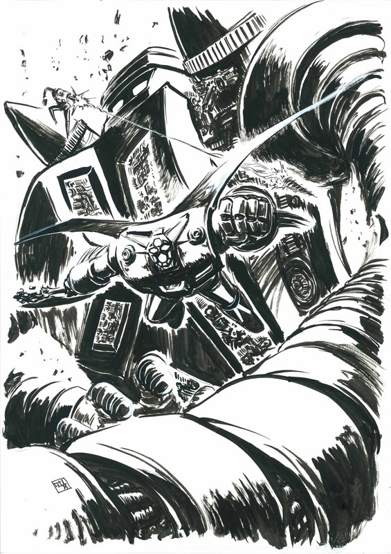 1970s_(style), axe, brush_(medium), cape, debris, drill, flying, getter-1