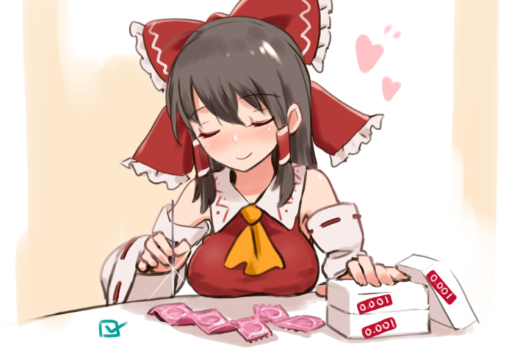 1girl, ascot, black_hair, blush, breast_rest, breasts, breasts_on_table, commentary_request, condom, condom_box, condom_packet_strip, condom_wrapper, detached_sleeves, closed_eyes, hair_ribbon, hair_tubes, hakurei_reimu, hasegawa_keita, heart, large_breasts, long_hair, needle, red_ribbon, red_shirt, ribbon, ribbon-trimmed_sleeves, ribbon_trim, sabotaged_condom, shirt, smile, touhou, white_sleeves