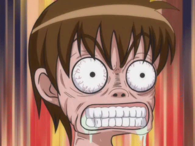 00s, 1boy, animated, animated_gif, anime_screenshot, bloodshot_eyes, bokusatsu_tenshi_dokuro-chan, brown_hair, clenched_teeth, close-up, drooling, kusakabe_sakura, male_focus, saliva, short_hair, solo, teeth, what