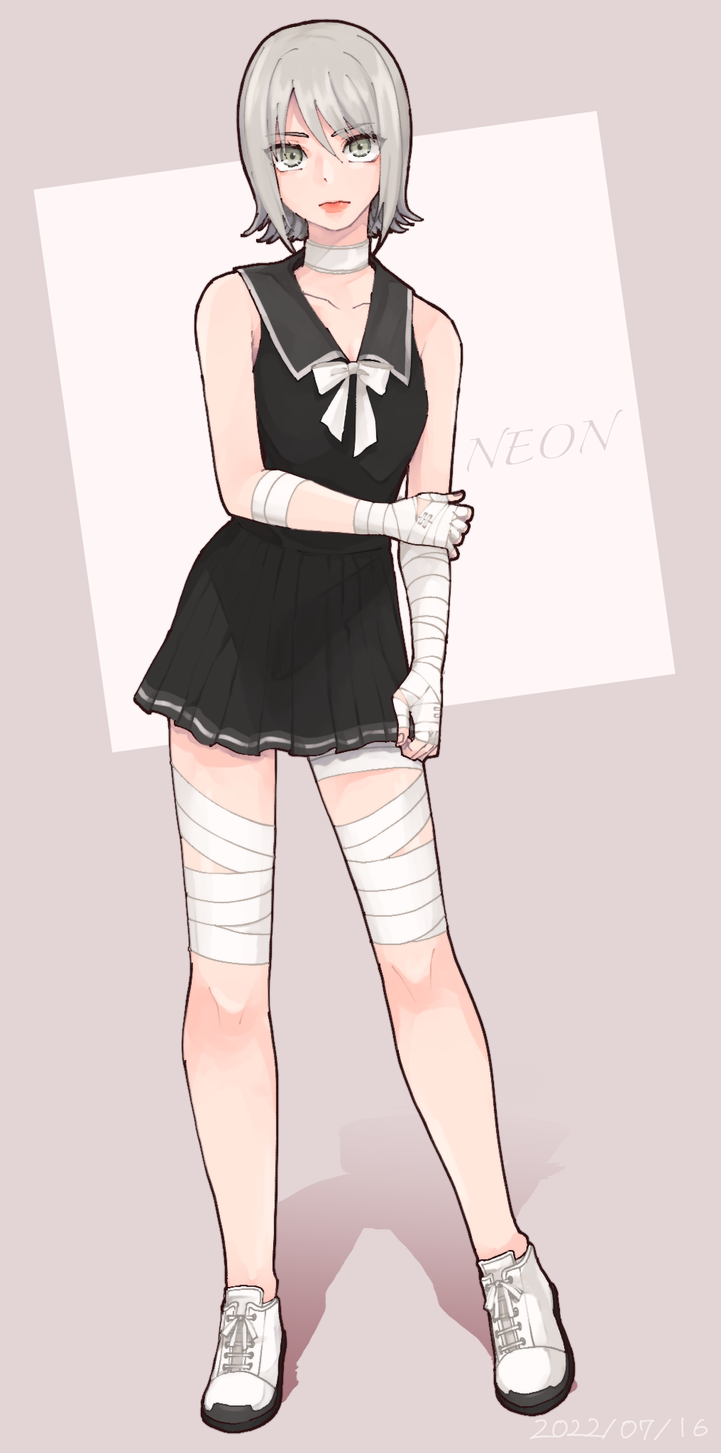 1girl, bandaged_arm, bandaged_hand, bandaged_wrist, bandages, bow, bowtie, character_name, dress, final_fantasy, full_body, green_eyes, grey_hair, highres, hand_on_own_arm, kaoshu, looking_at_viewer, neon_(ffo), sailor_collar, shoes, short_dress, short_hair, sleeveless, sneakers, solo, stranger_of_paradise:_final_fantasy_origin, white_shoes