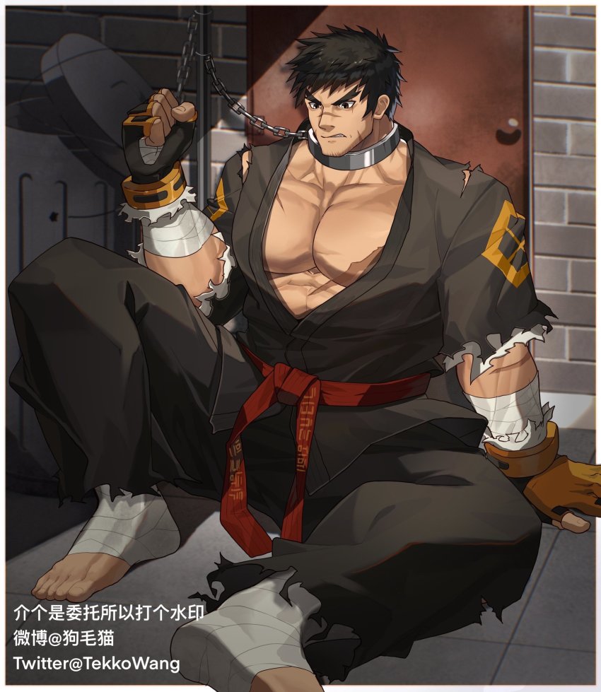 1boy, abs, artist_name, bandaged_arm, bandaged_leg, bandages, bara, belt