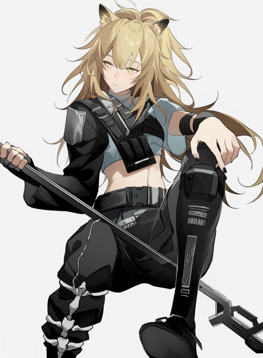 1girl, absurdres, animal_ears, arknights, armband, armor, azure_silan, barcode, belt, black_belt, black_gloves, black_nails, black_pants, blonde_hair, blue_shirt, breasts, chinese_commentary, closed_mouth, cropped_shirt, expressionless, eyebrows_hidden_by_hair, fingerless_gloves, foot_out_of_frame, gloves, grey_background, hand_on_own_knee, highres, holding, holding_weapon, knee_pads, lion_ears, long_hair, looking_down, looking_to_the_side, medium_breasts, midriff, nail_polish, navel, official_alternate_costume, pants, ponytail, shirt, short_sleeves, shoulder_armor, siege_(arknights), siege_(city_destroyer)_(arknights), simple_background, single_glove, sitting, solo, tactical_clothes, thighhighs, turtleneck, weapon, wristband, yellow_eyes